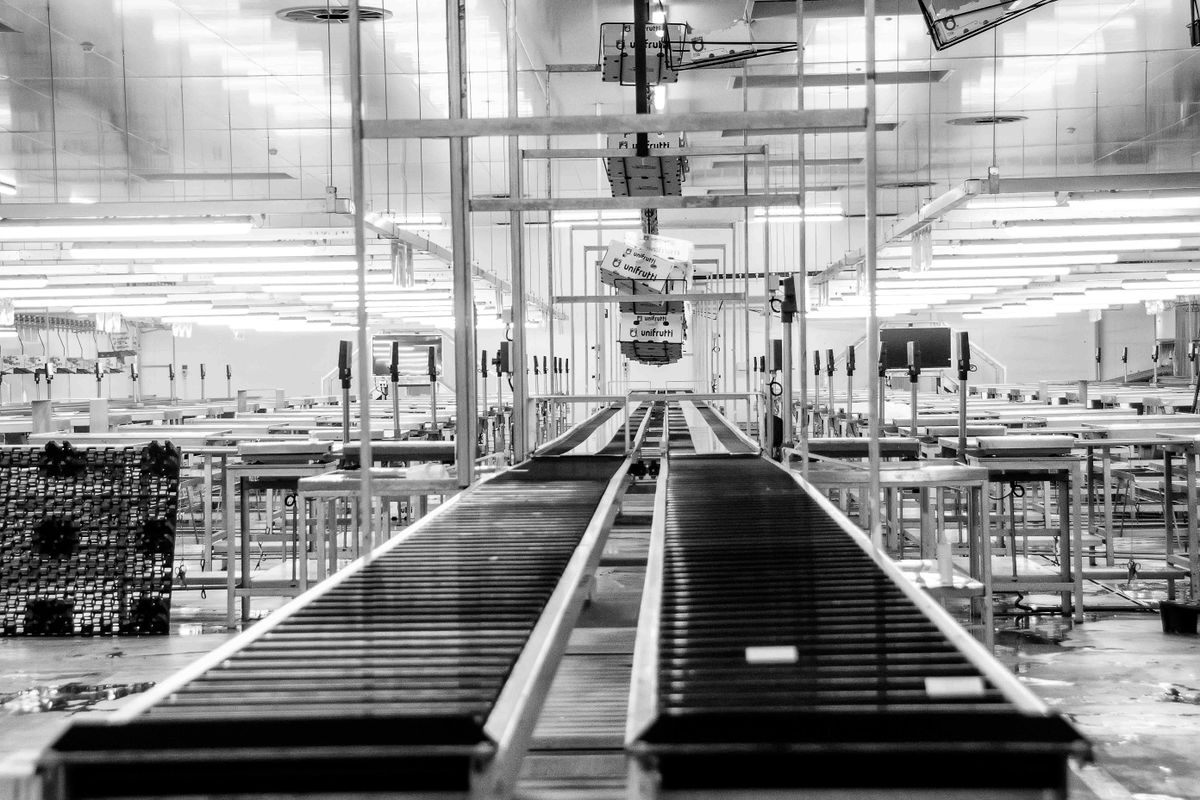 Moderne Fertigungslinie mit automatisierten Maschinen in einer Industriehalle